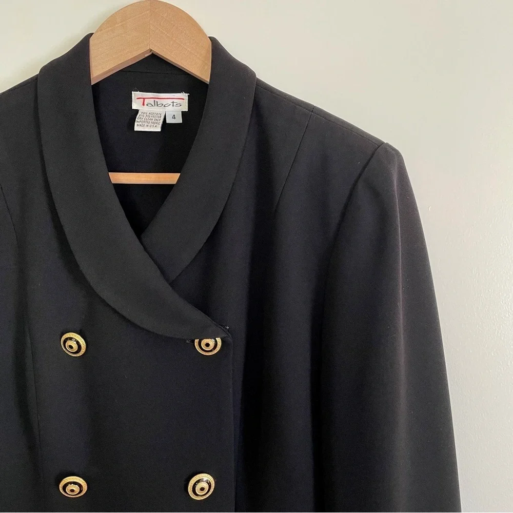 Vintage Talbots Black Double-Breasted Blazer w/ Gold & Enameled Buttons Size 4
